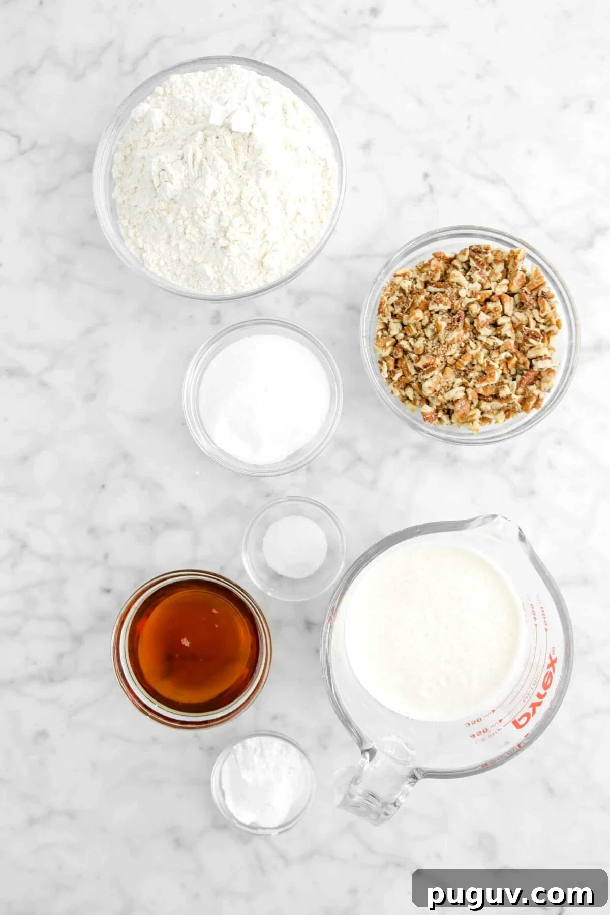 Maple Pecan Scones with Sweet Maple Glaze 6 flour, chopped pecans, sugar, salt, maple syrup, milk, and baking powder in glass bowls