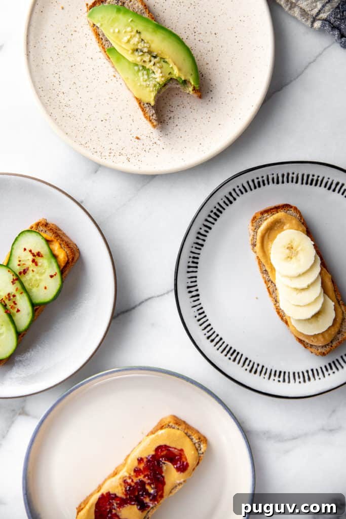 No-Yeast Vegan Almond Bread (Grain-Free, Paleo Recipe) 7 Four slices of toasted almond bread topped with different toppings.