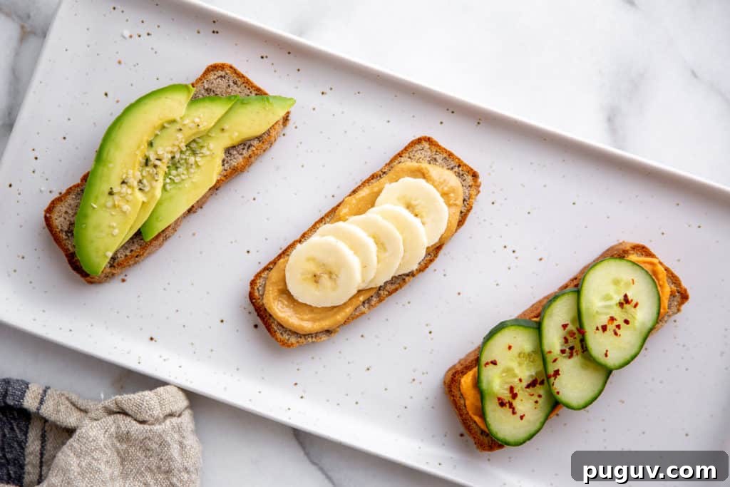 No-Yeast Vegan Almond Bread (Grain-Free, Paleo Recipe) 3 Three slices of vegan bread topped with different toppings.