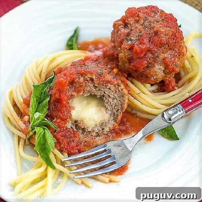 Mozzarella Stuffed Meatballs - Tender meatballs filled with gooey mozzarella Mozzarella Stuffed Meatballs intertwined with spaghetti and garnished with basil.