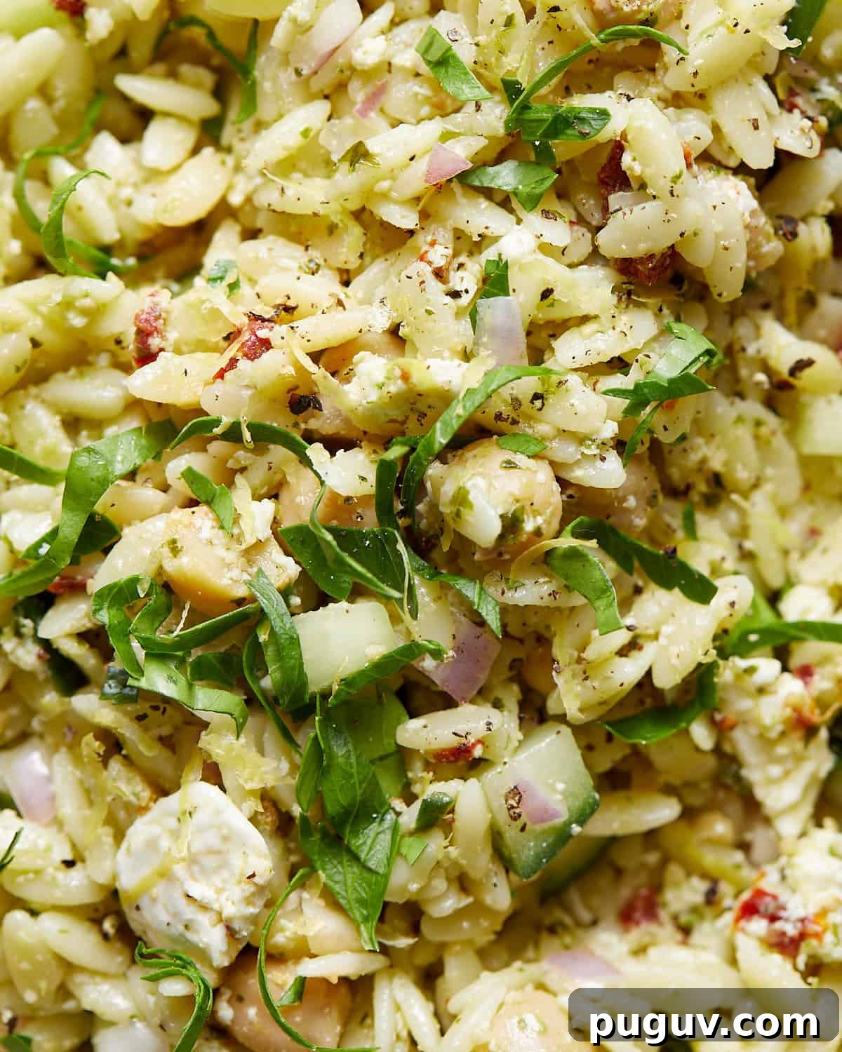 Up close image of pesto orzo salad.