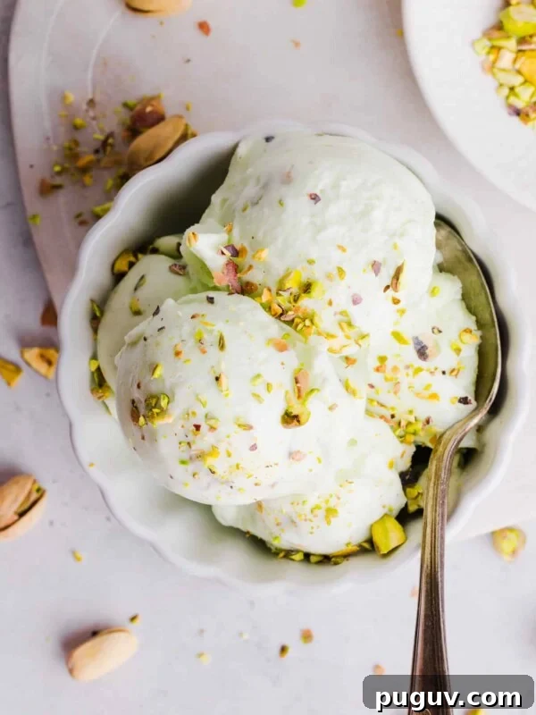 Ninja Creami pistachio ice cream in a bowl with pistachios sprinkled on top and a spoon.