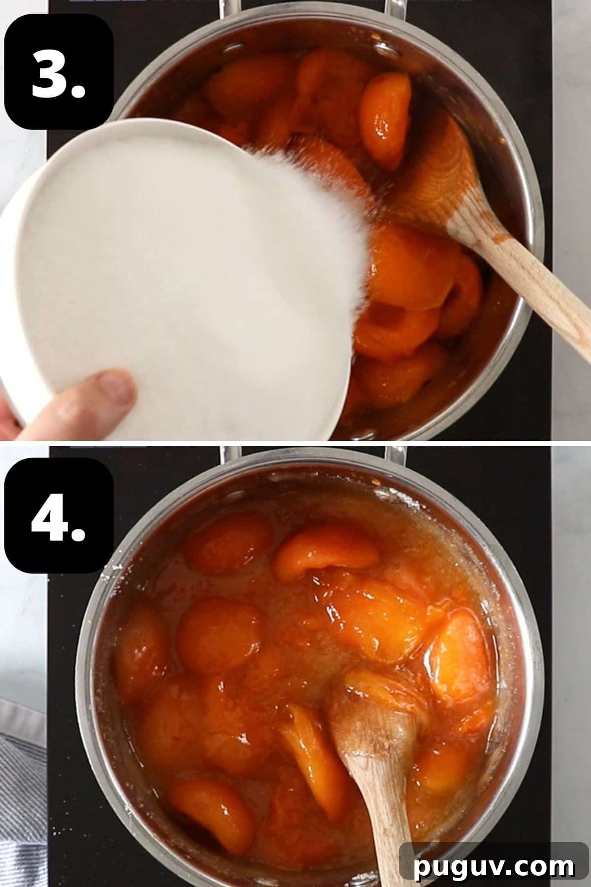 Steps 3-4 of preparing this recipe - adding the sugar to the apricots and stirring to disolve.