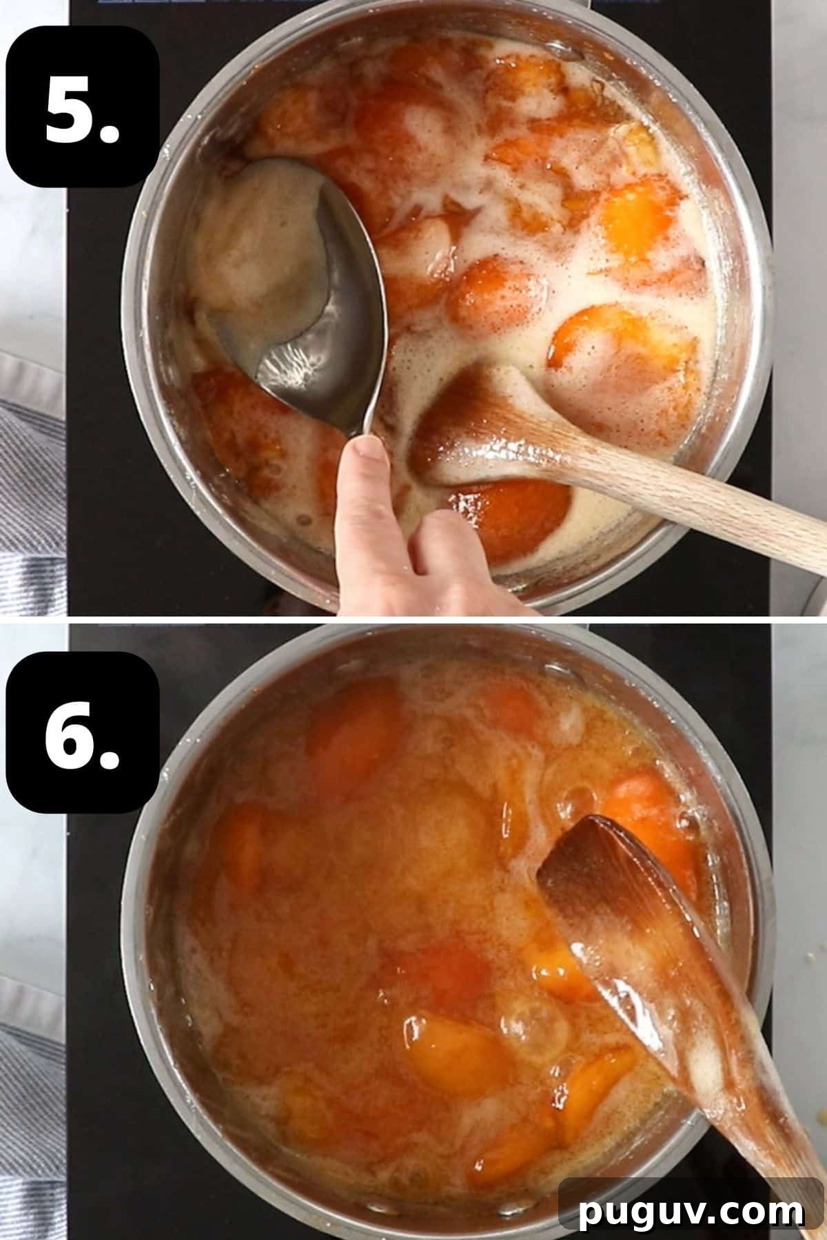 Steps 5-6 of preparing this recipe - skimming any foam from the jam and the fruit cooking.