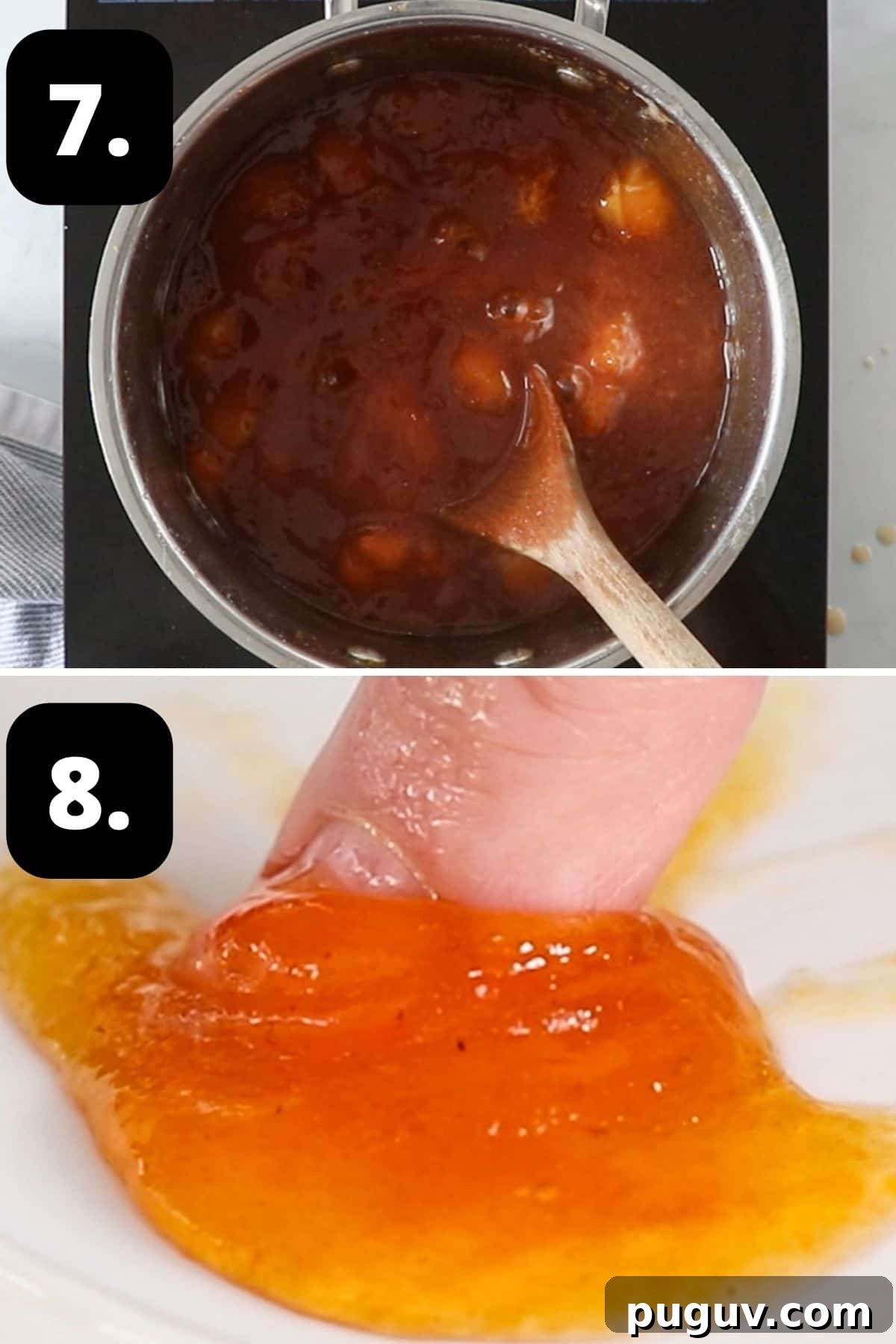 Steps 7-8 of preparing this recipe - the cooked jam and doing the wrinkle test to ensure it has reached setting point.