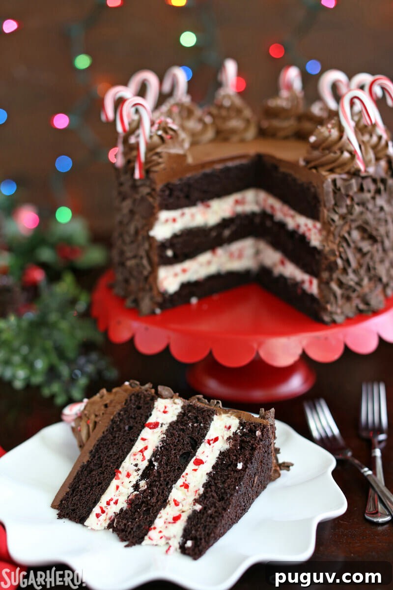 Chocolate Candy Cane Cake – full cake on a cake stand, with a single slice removed