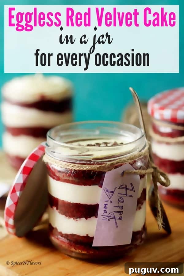 Eggless Red Velvet Cake in a Jar – Diwali Gift Recipe 6 pin image of eggless red velvet cake in a jar
