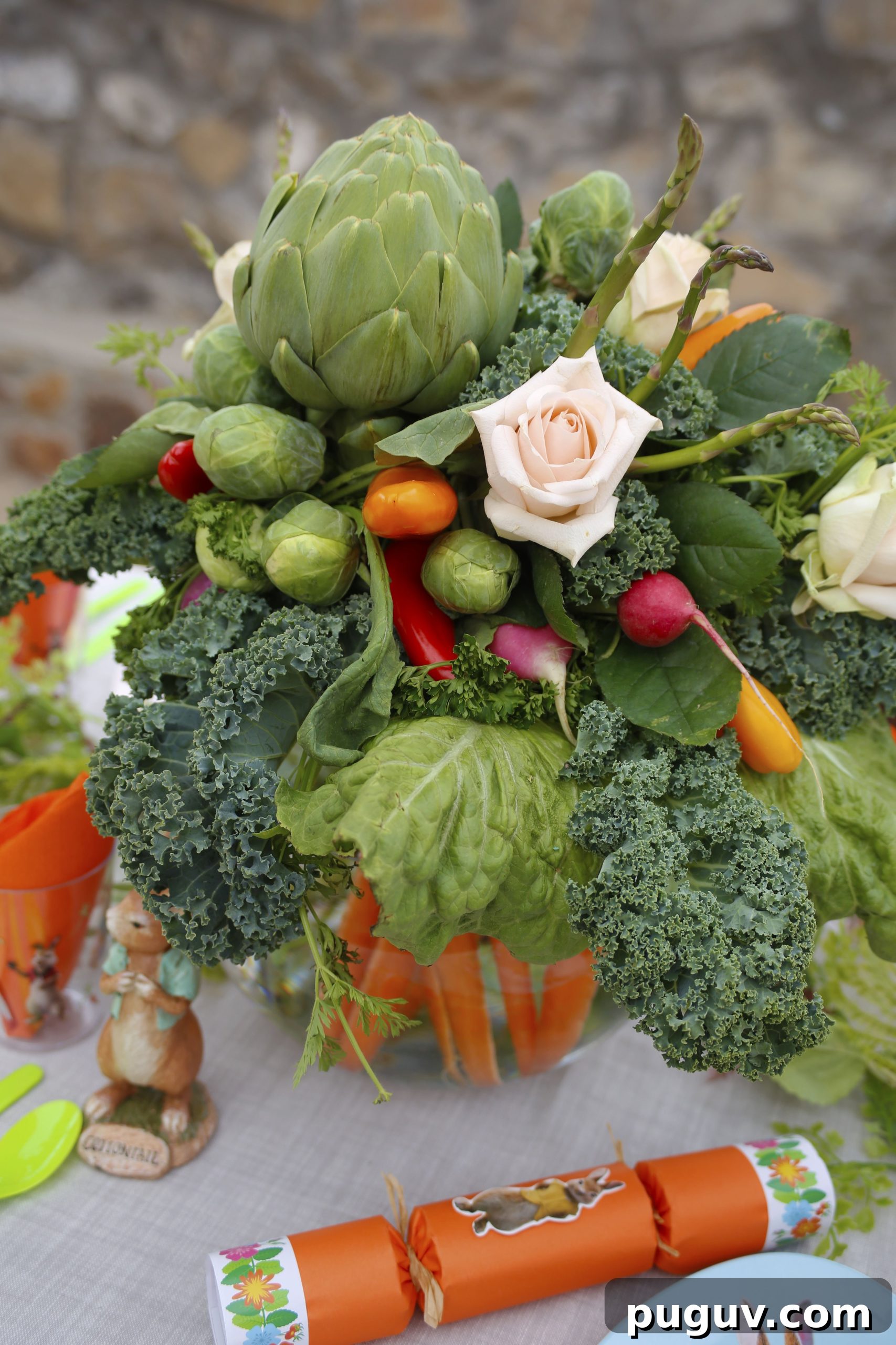 Create a Stunning Vegetable Floral Centerpiece for Any Table 12 A centerpiece with fresh seasonal produce and roses