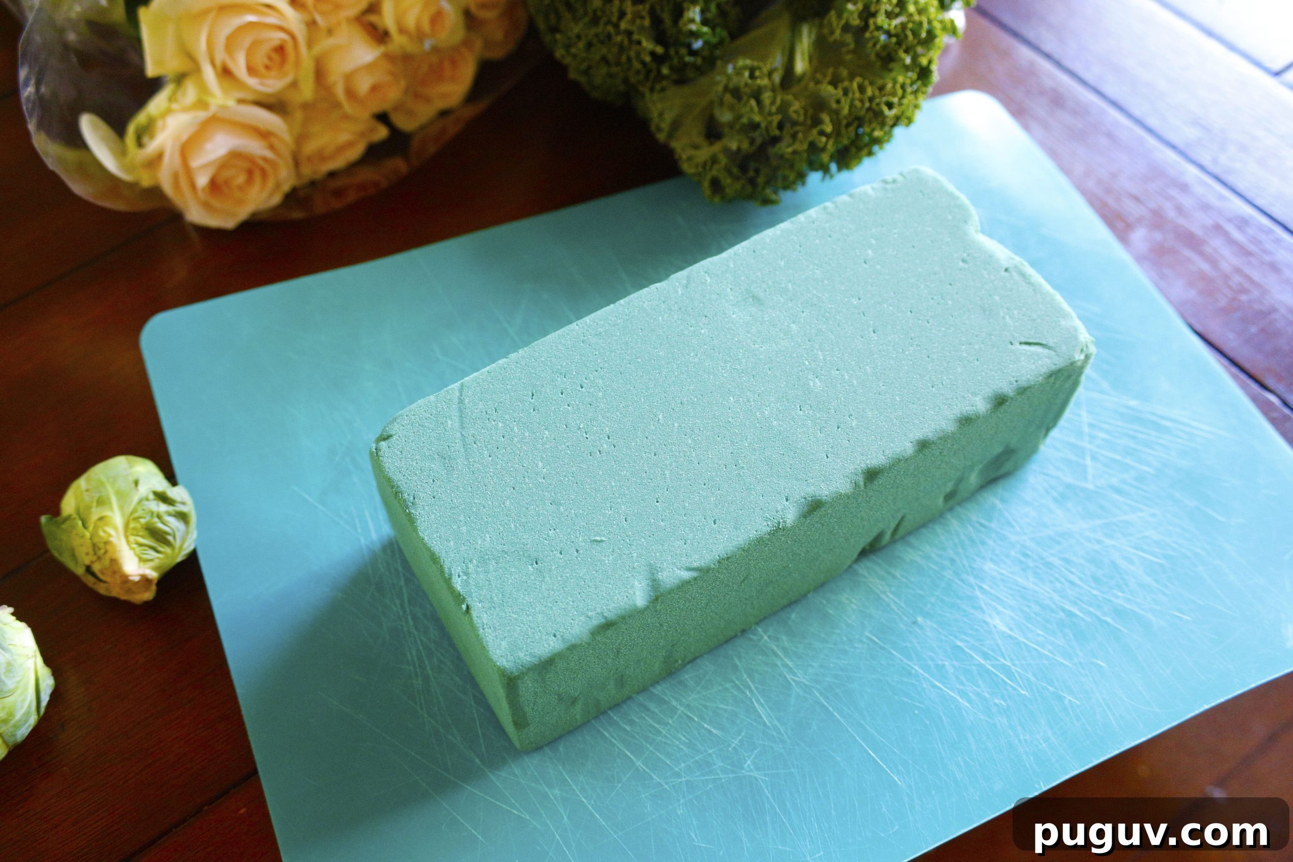 Create a Stunning Vegetable Floral Centerpiece for Any Table 4 Soaked floral foam ready to be trimmed