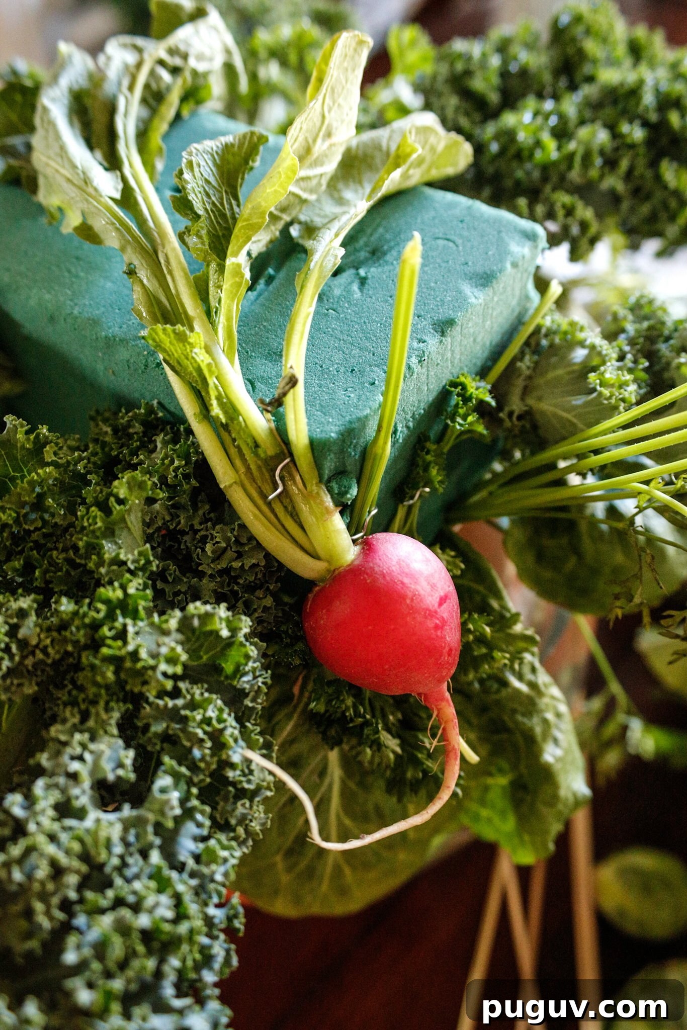 Create a Stunning Vegetable Floral Centerpiece for Any Table 8 Radishes and other vegetables pinned into foam