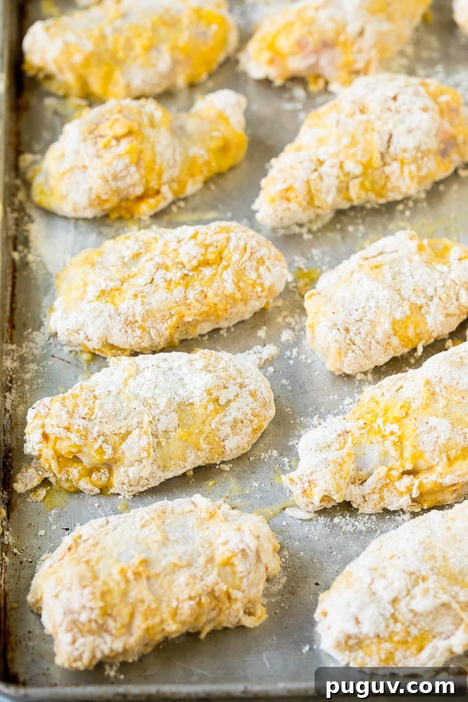 Wings coated in egg and flour Chicken wings coated in eggs and flour.