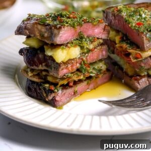 Juicy Beef Tenderloin Stacks with Garlic Herb Butter 8 beef tenderloin grilled to perfection on a griddle and then layered in stacks with potatoes and chimichurri sauce.