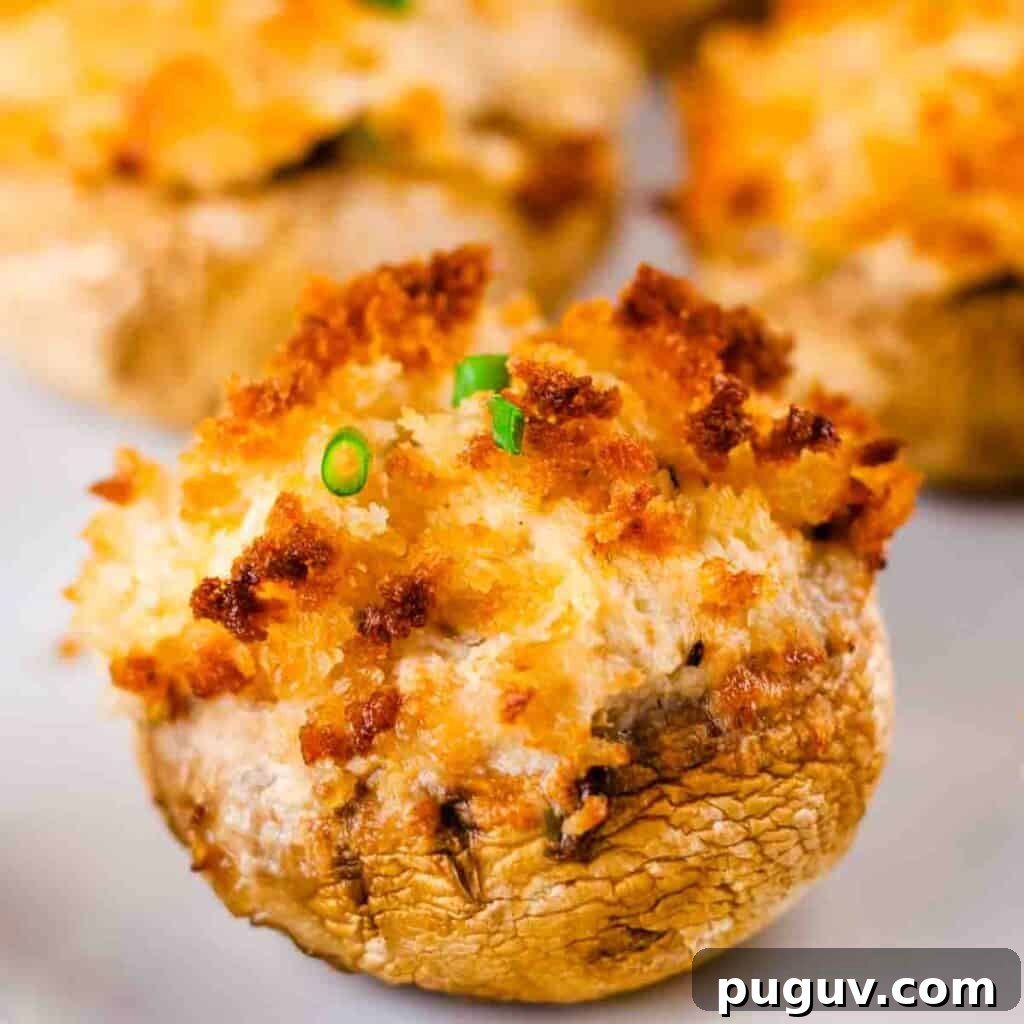 An air fryer stuffed mushroom with a crispy top on a serving plate, ready to serve.