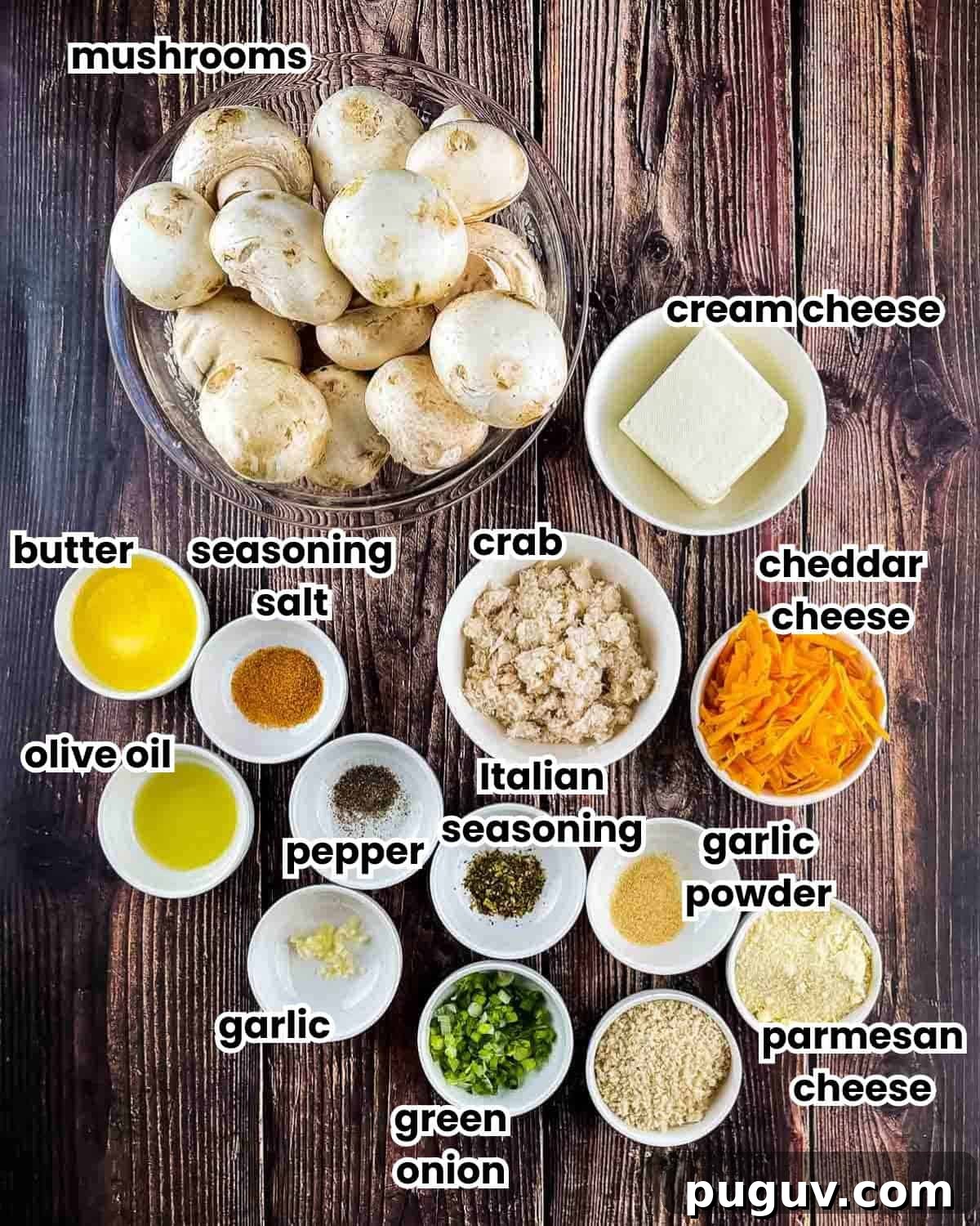 The ingredients measured out for the air fryer stuffed mushrooms and placed on a wooden table.