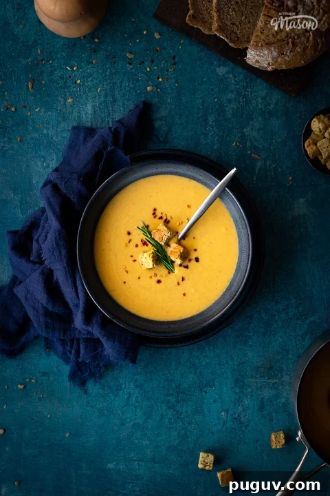 Flat lay view of spicy roast butternut squash soup with a spoon in a blue bowl set on a blue plate with a dark blue linen napkin on the side. Set on a teal backdrop, there's also a board with sliced bread, a pot with croutons, a squash and a pan with more soup in the background.