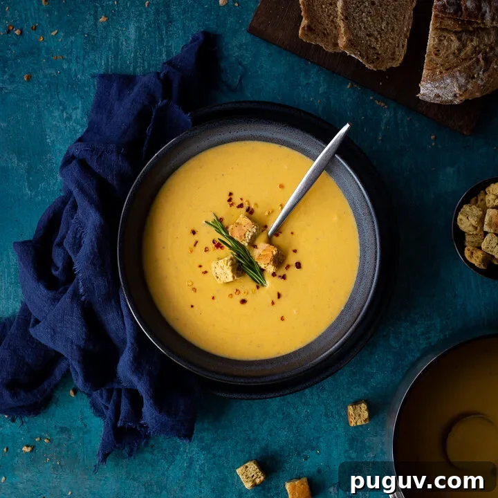 Flat lay view of spicy roast butternut squash soup with a spoon in a blue bowl set on a blue plate with a dark blue linen napkin on the side. Set on a teal backdrop, there's also a board with sliced bread, a pot with croutons and a pan with more soup in the background.