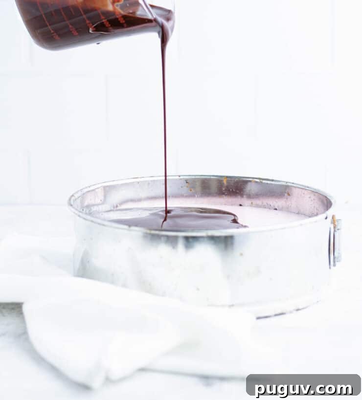 No-Bake Chocolate Strawberry Cheesecake Recipe 10 Side view of melted chocolate ganache being poured over a strawberry cheesecake in a silver pan.