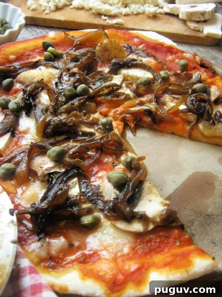 Perfect Guide to Caramelizing Onions for Sweet, Golden Flavor 16 close up of the Caramelized Onion Mushroom and Caper Pizza