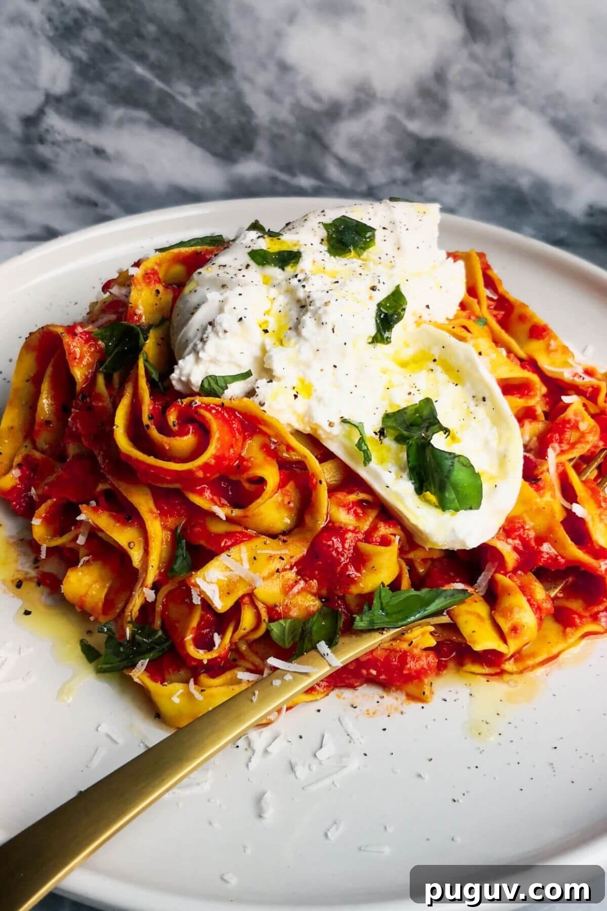 Spicy ’Nduja Pasta with Creamy Burrata Cheese 2 Spicy nduja pasta on a white plate with a ball of burrata on top.