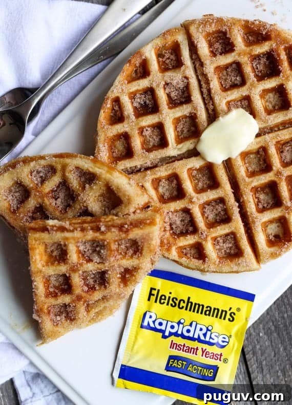 Churro Waffles made with Rapid Rise yeast! These are out of control...you can make the batter the night before and be ready to have waffles in the morning!