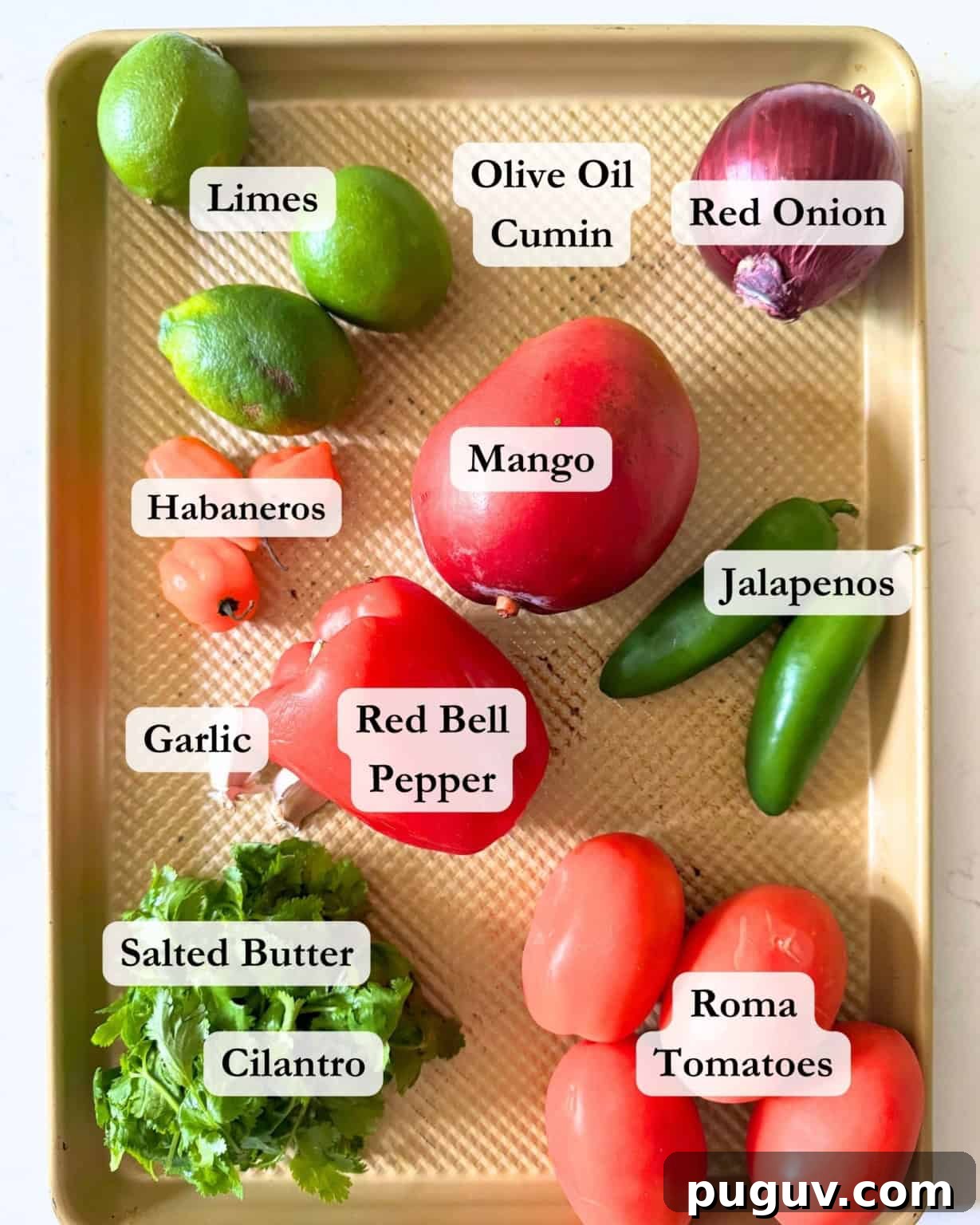 Mango Habanero Salsa Recipe — Sweet Heat with Fresh Mango 3 ingredients to make mango habanero salsa - limes, red bell pepper, habaneros, mangoes, cilantro, roma tomatoes, red onions, jalapenos, garlic, olive oil, and cumin.