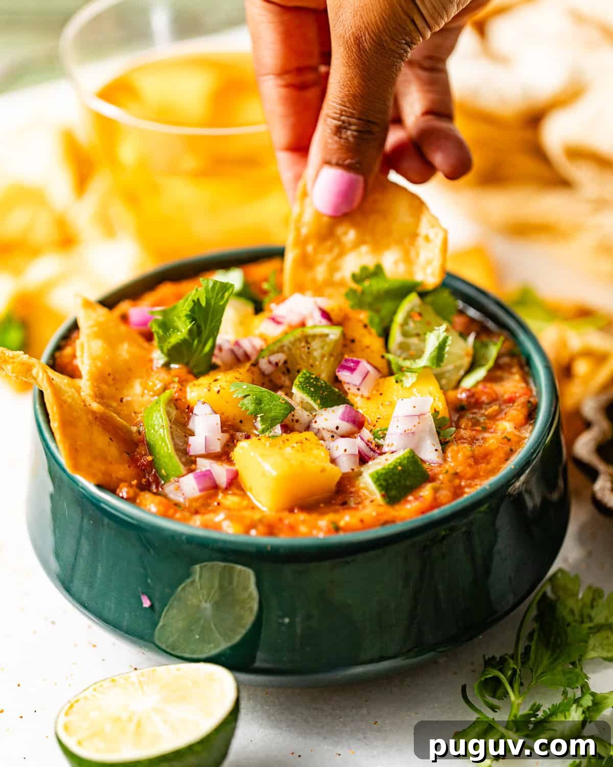 Mango Habanero Salsa Recipe — Sweet Heat with Fresh Mango 6 a hand dipping a tortilla chip into a bowl of mango habanero salsa.