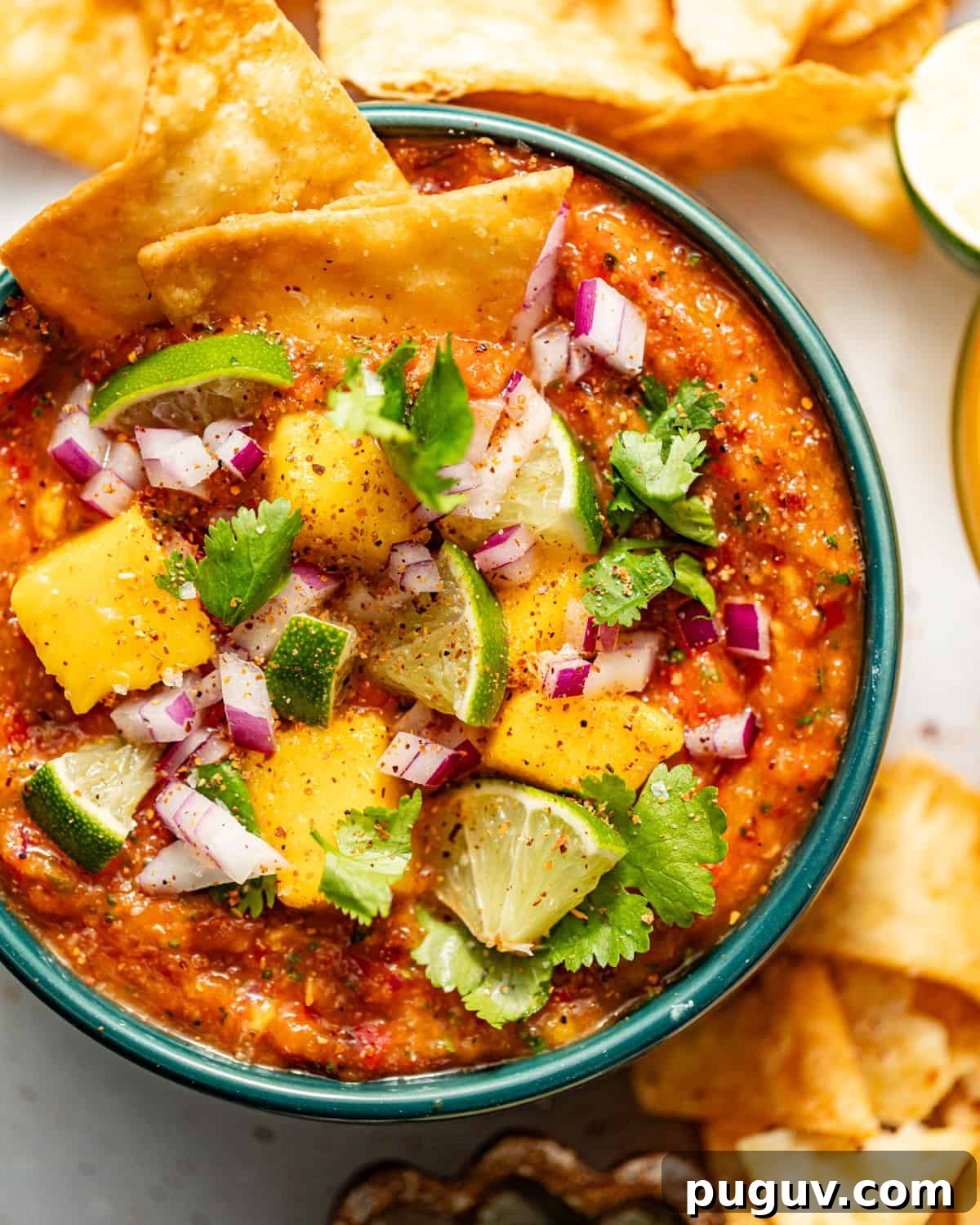 Mango Habanero Salsa Recipe — Sweet Heat with Fresh Mango 7 mango habanero salsa in a bowl surrounded by tortilla chips and sliced limes.