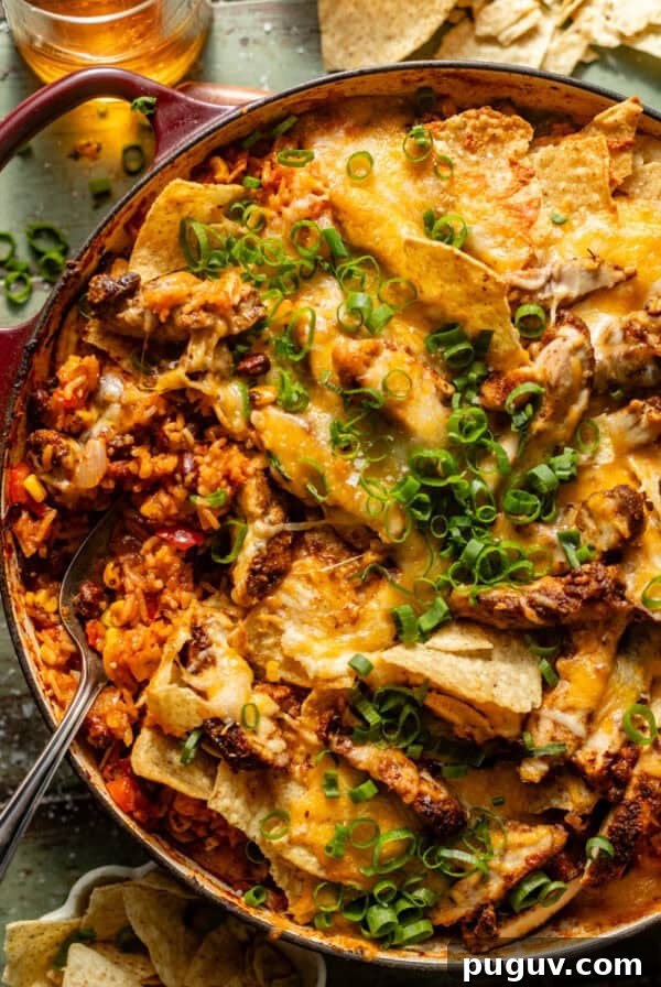 Mango Habanero Salsa Recipe — Sweet Heat with Fresh Mango 8 cheesy mexican chicken and rice in a large skillet topped with tortilla chips and green onions.