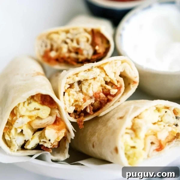 Four breakfast burritos filled with eggs, cheese, and other ingredients are displayed on a white plate. A small bowl of sour cream is next to the burritos.