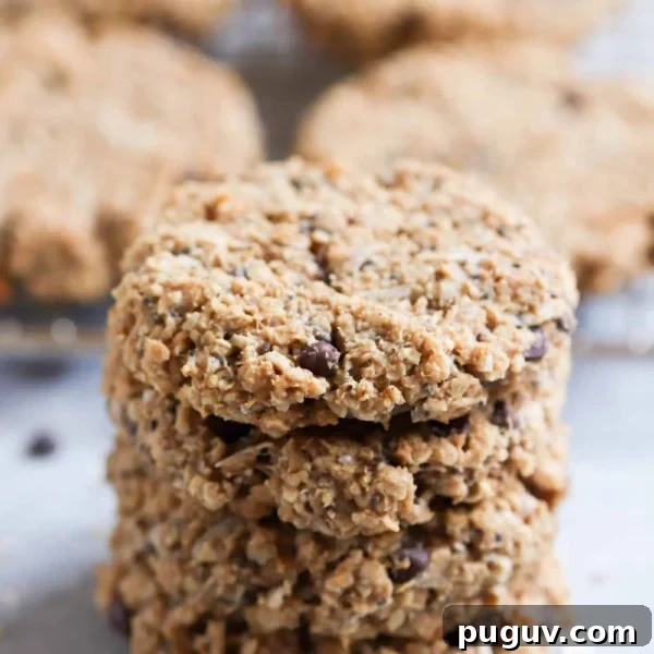 4 Breakfast Cookies stacked on top of eachother with more cookies in the background.