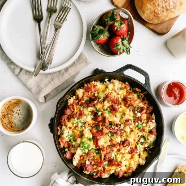 Plate of cheesy scrambled eggs with bacon and green onions, served with a slice of buttered toast. A fork is placed beside the food.