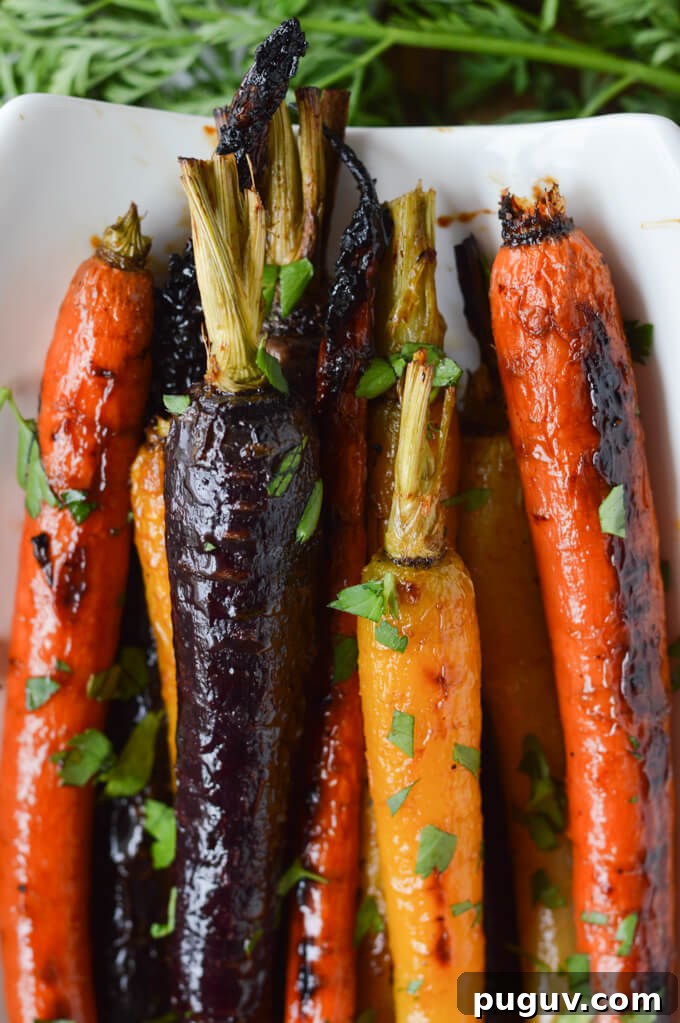 Roasted rainbow carrots in a white dish with fresh parsley sprinkled on top.