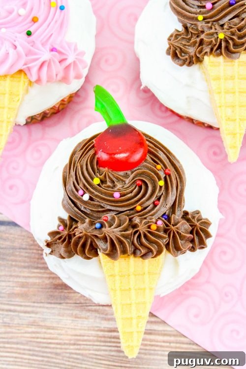 a cupcake decorated with chocolate butter cream and a cookie piece to resemble an ice cream cone.