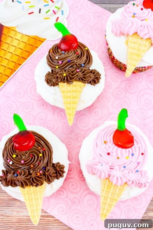 Ice Cream Cone Cupcakes: Fun No-Bake Dessert Ideas 3 4 cupcakes decorated to look like chocolate and strawberry ice cream cones on a pink placemat.