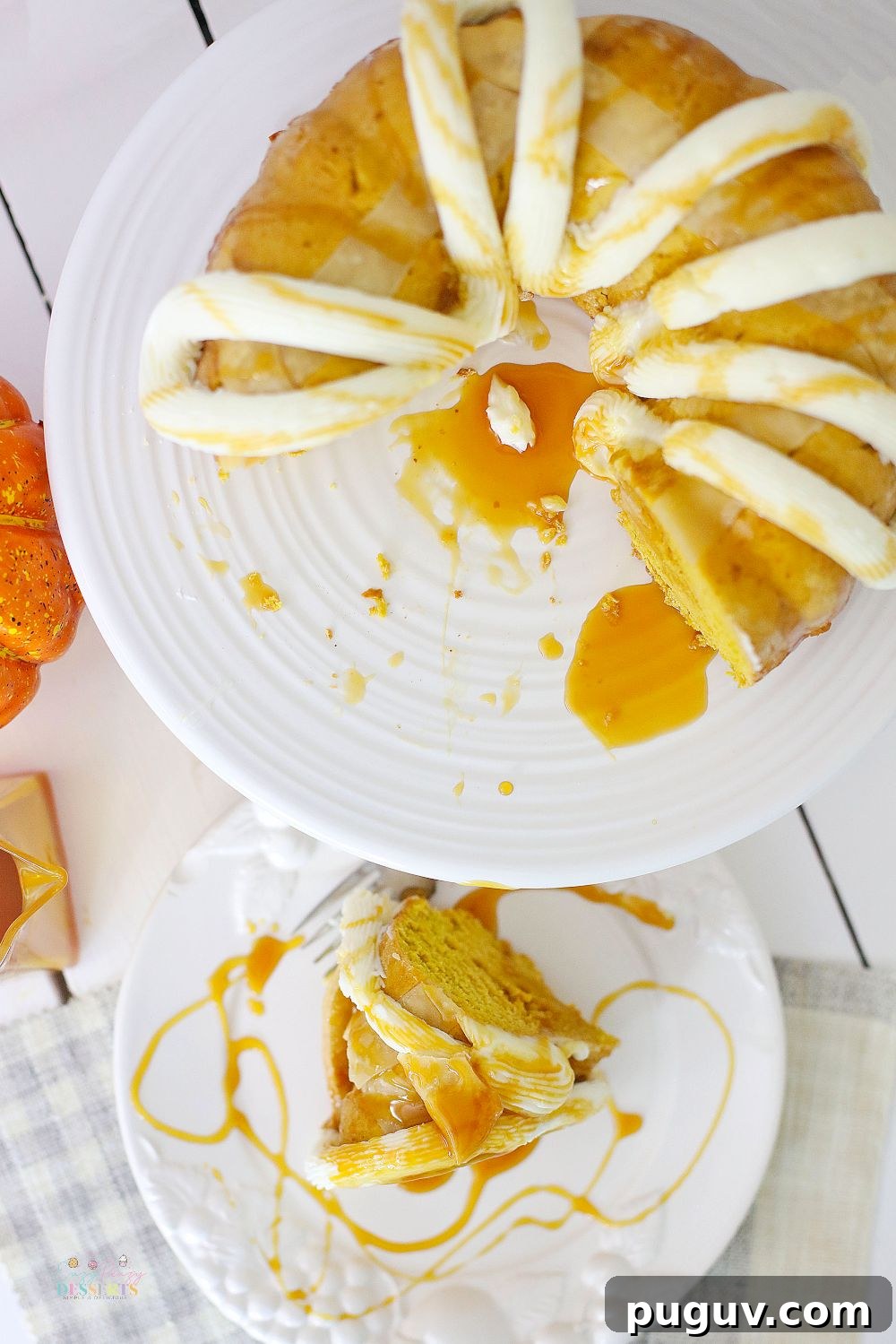Fresh Pumpkin Bundt Cake with Creamy Buttercream Frosting 3 Image of fall bundt cake made with fresh pumpkin, topped with buttercream frosting and drizzled with caramel sauce