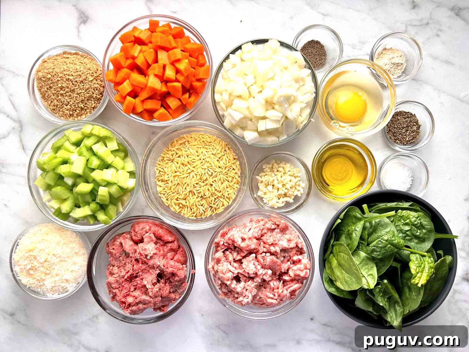 Classic Italian Wedding Soup Recipe — Authentic Homemade Flavor 3 ingredients prepped in bowl.