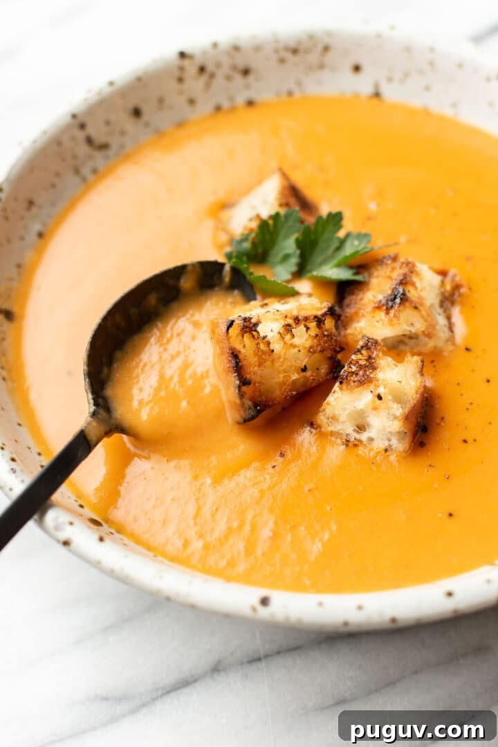 Creamy Potato, Leek & Tomato Soup Recipe for Cozy Meals 2 a bowl of potato leek tomato soup with croutons and a spoon