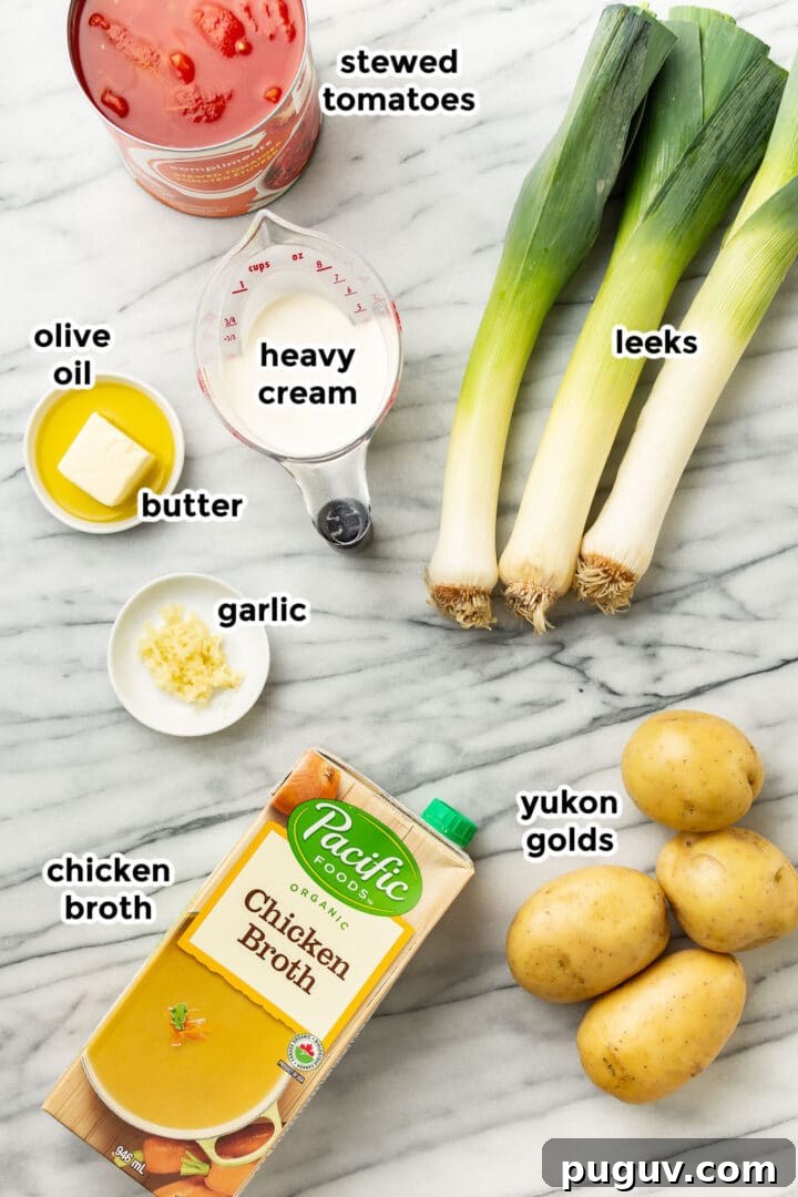 Creamy Potato, Leek & Tomato Soup Recipe for Cozy Meals 3 ingredients for potato leek tomato soup on a countertop