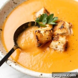 Creamy Potato, Leek & Tomato Soup Recipe for Cozy Meals 7 a bowl of potato leek tomato soup with croutons and a spoon