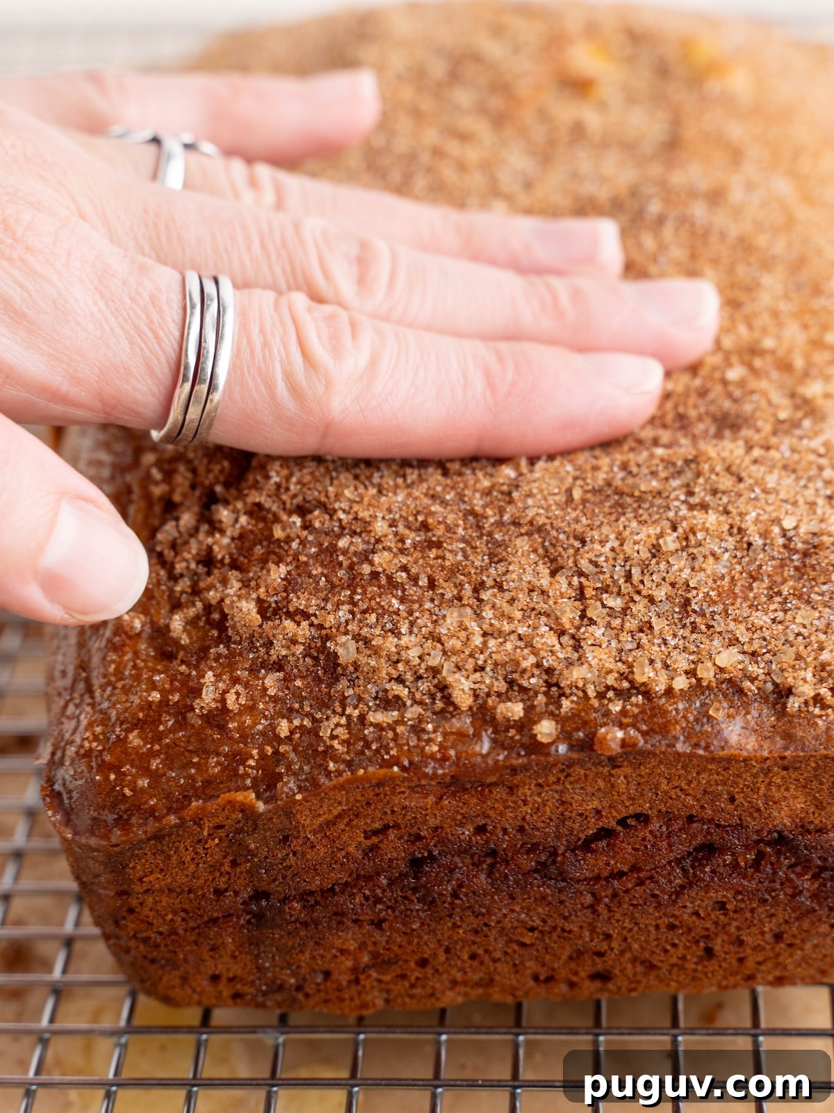 Cinnamon Swirl Banana Bread Recipe with Brown Sugar Swirl 8 Rubbing cinnamon sugar into crust of banana bread