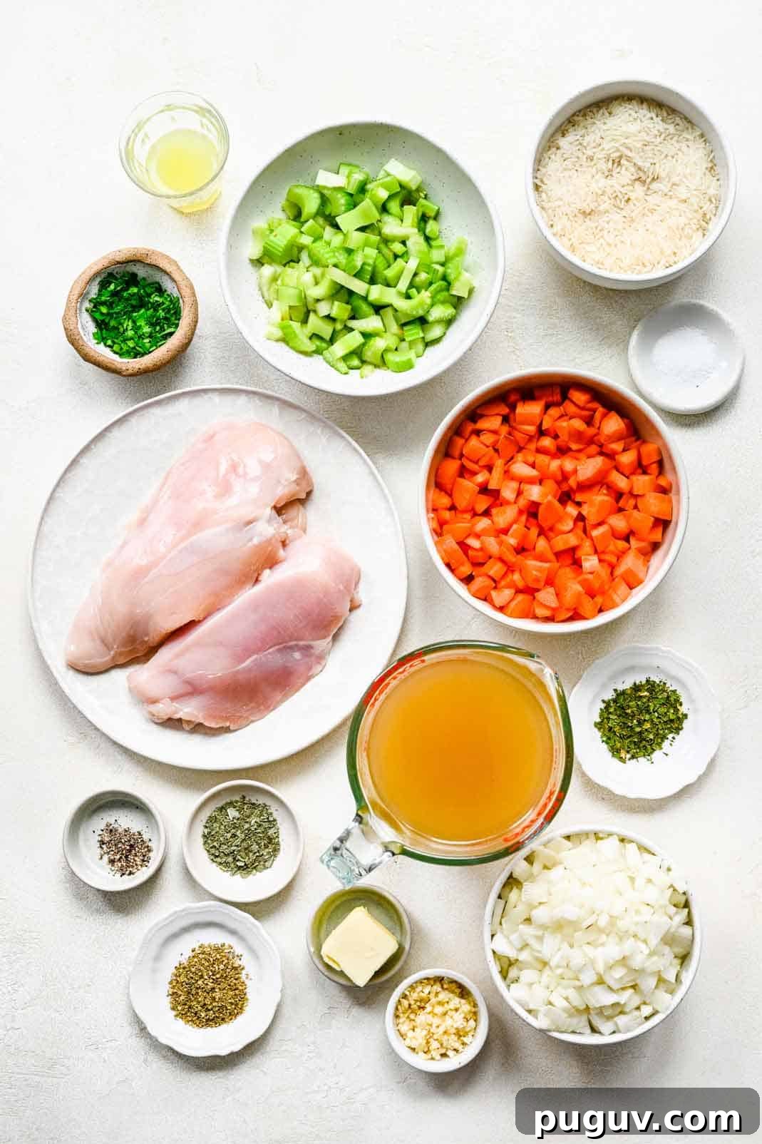 Instant Pot Chicken and Rice Soup Recipe for Quick Comfort 3 Overhead view of ingredients needed to make instant pot chicken and rice soup.