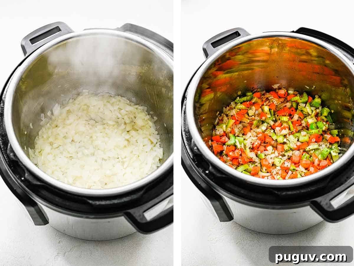 Instant Pot Chicken and Rice Soup Recipe for Quick Comfort 4 Set of two photos showing onions and veggies added to a pressure cooker.