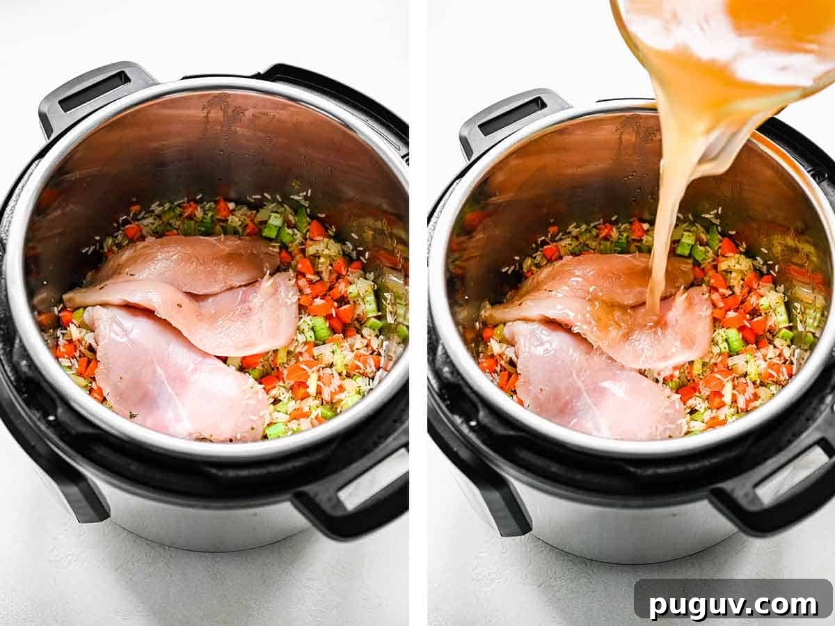 Instant Pot Chicken and Rice Soup Recipe for Quick Comfort 5 Set of two photos showing chicken breasts and broth added to the pressure cooker.