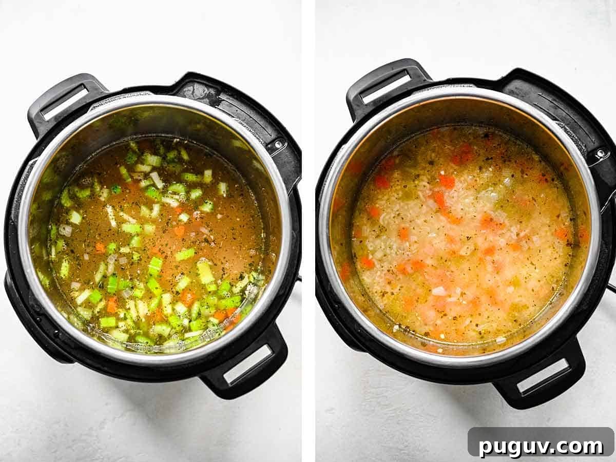 Instant Pot Chicken and Rice Soup Recipe for Quick Comfort 6 Set of two photos showing before and after the soup cooked.