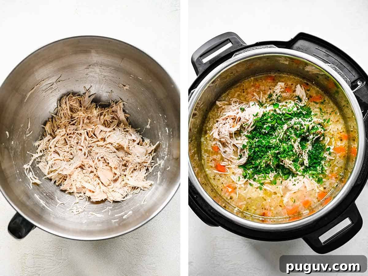 Instant Pot Chicken and Rice Soup Recipe for Quick Comfort 7 Set of two photos showing chicken shredded and added back to the soup with parsley.
