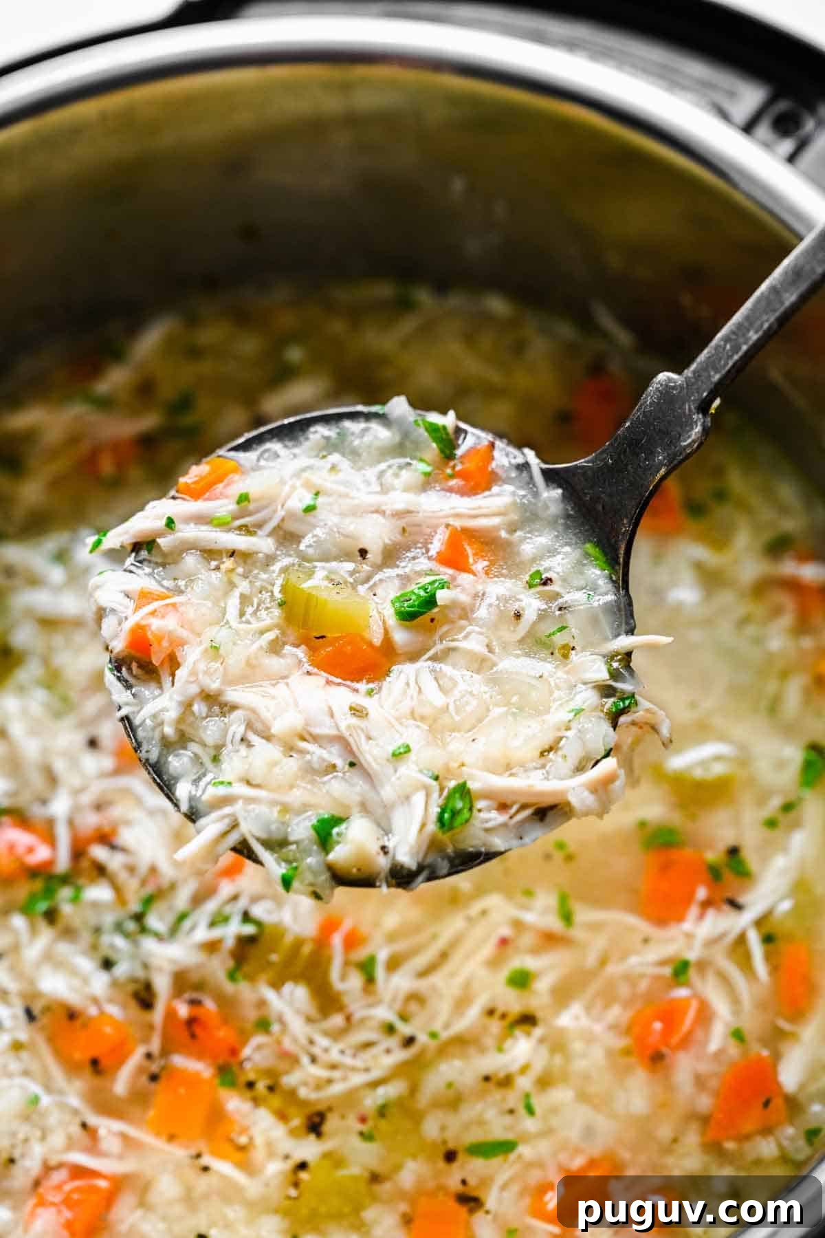Instant Pot Chicken and Rice Soup Recipe for Quick Comfort 8 A ladle of chicken and rice soup lifted from the instant pot.
