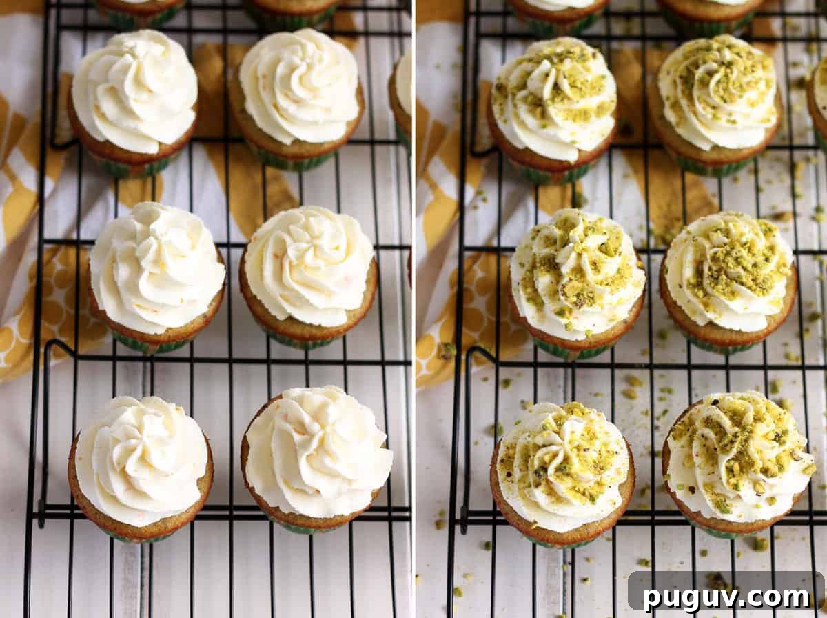 Frosting and crush pistachios are added on top of cooled pistachio cupcakes.