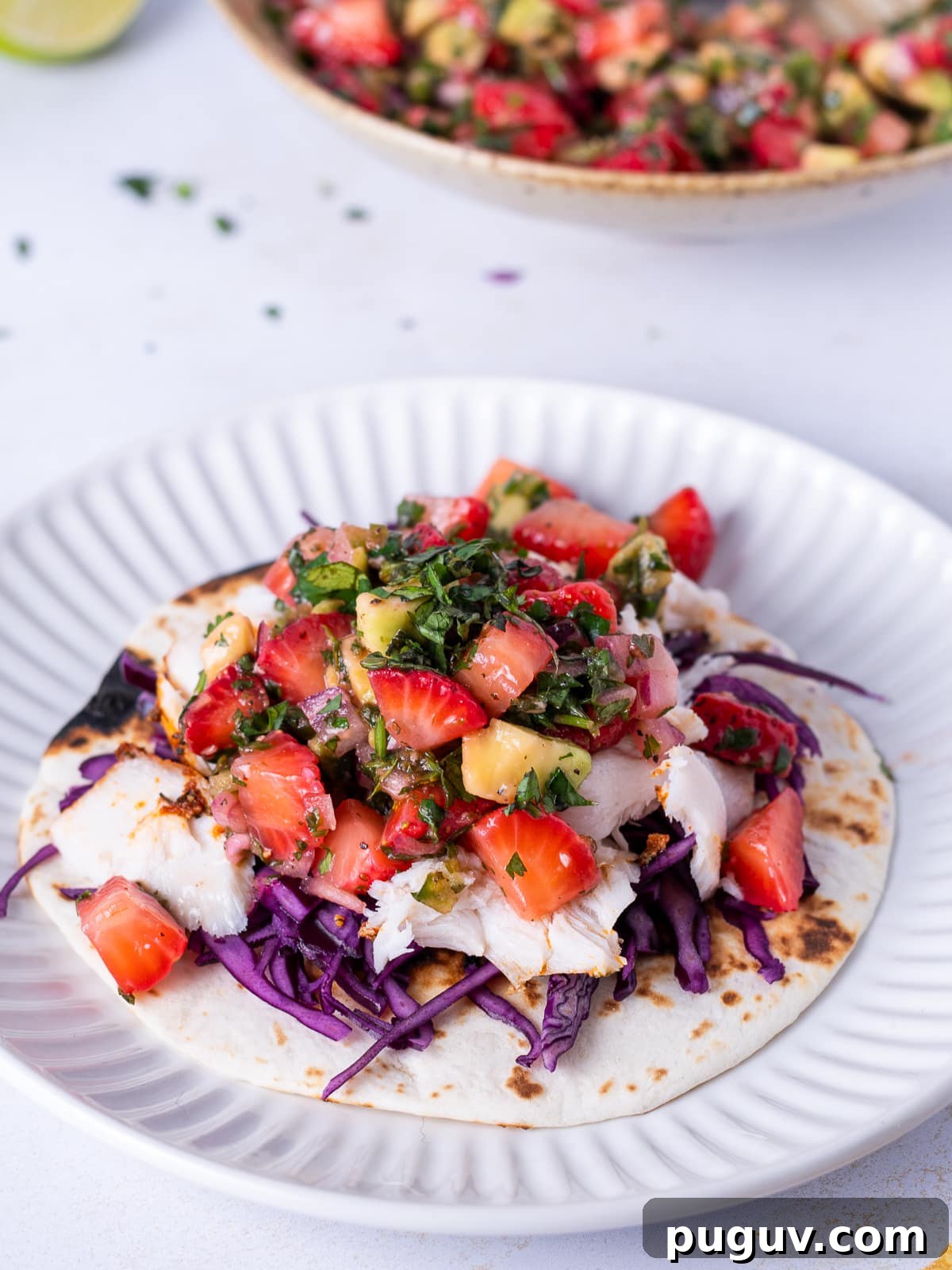 Strawberry Jalapeño Salsa Recipe — Fresh, Spicy Summer Dip 5 tortilla with cabbage and mahi mahi, topped with strawberry avocado salsa