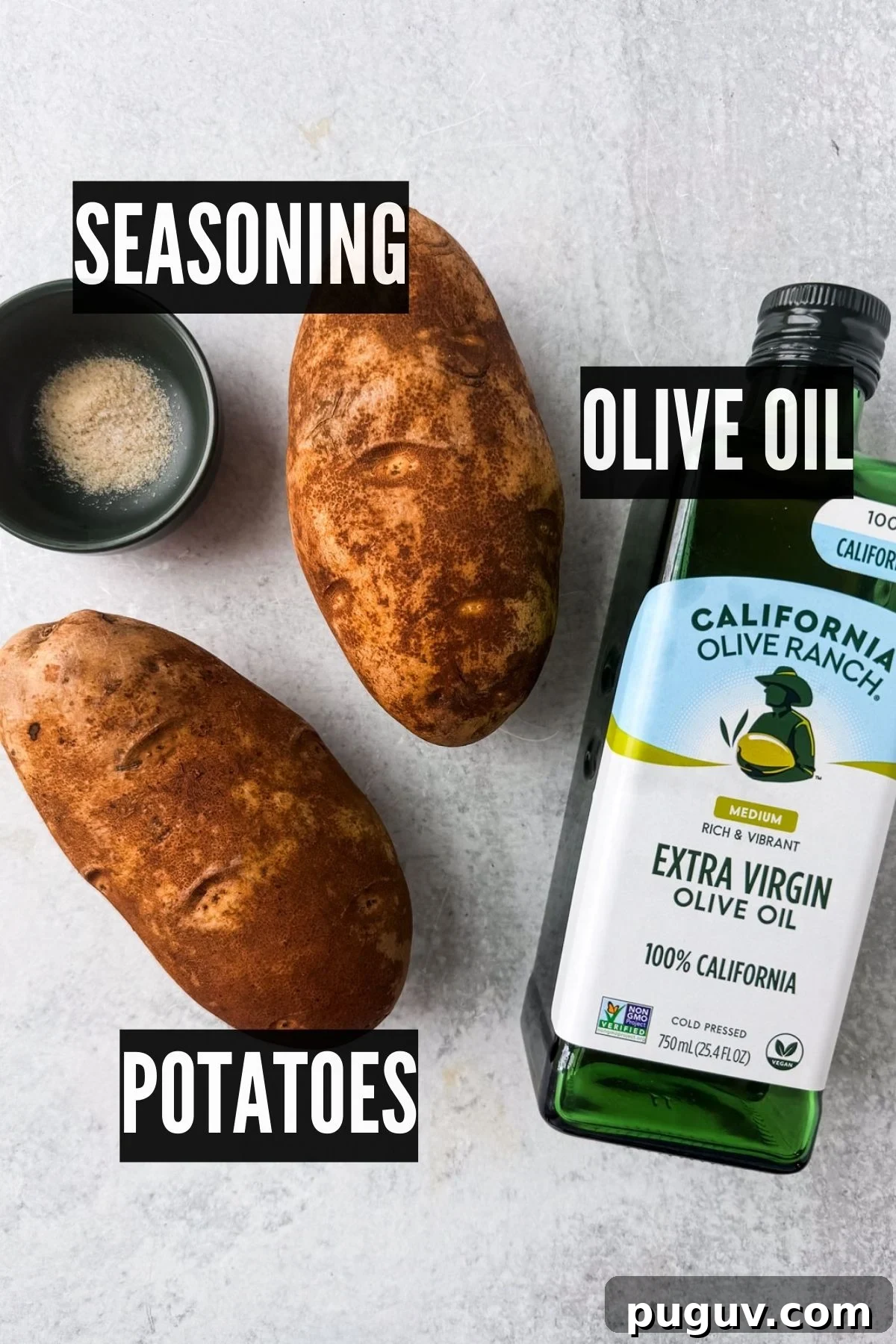 Crispy Air Fryer French Fries with 3 Ingredients 3 Two russet potatoes, seasoning, and a bottle of olive oil.