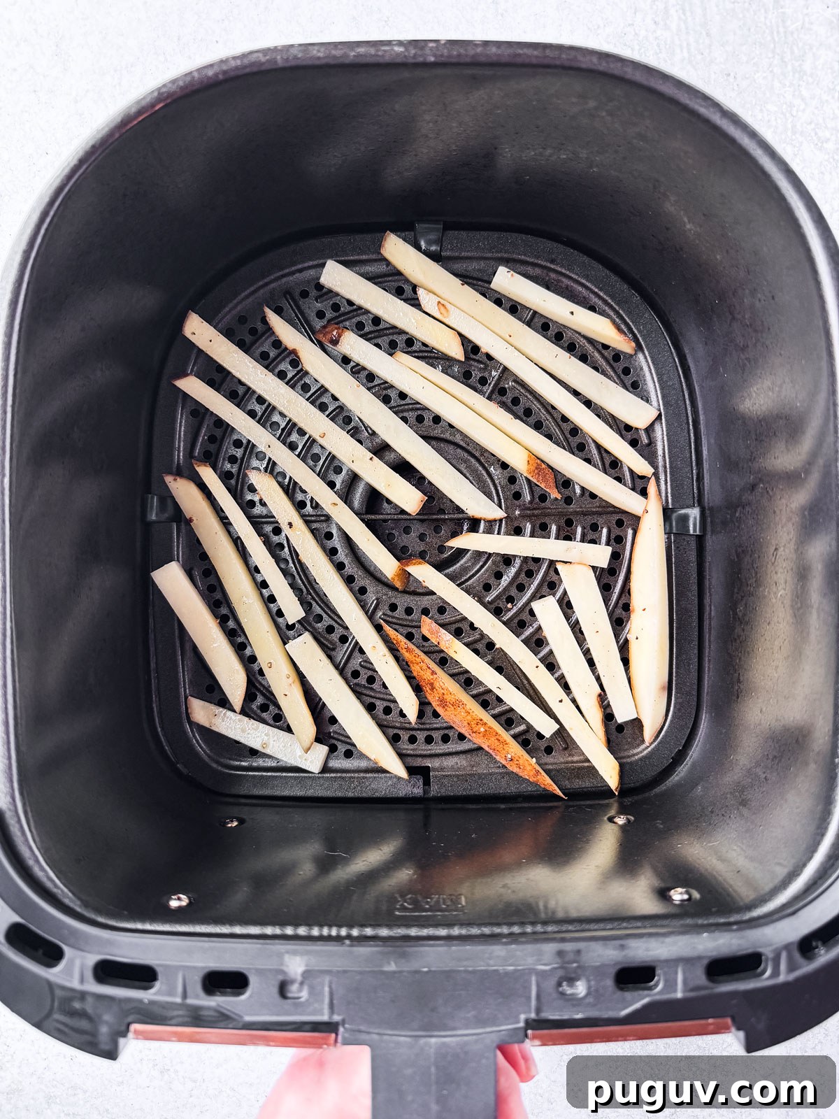 Crispy Air Fryer French Fries with 3 Ingredients 10 Uncooked fries placed in the air fryer basket.